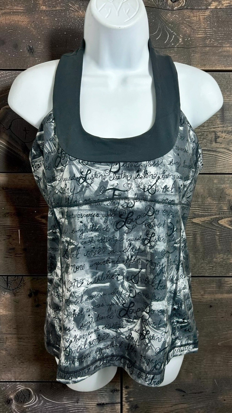 Lululemon Scoop Neck Tank Top Sz 10 Handwriting Script Print Gym Yoga Shirt Rare